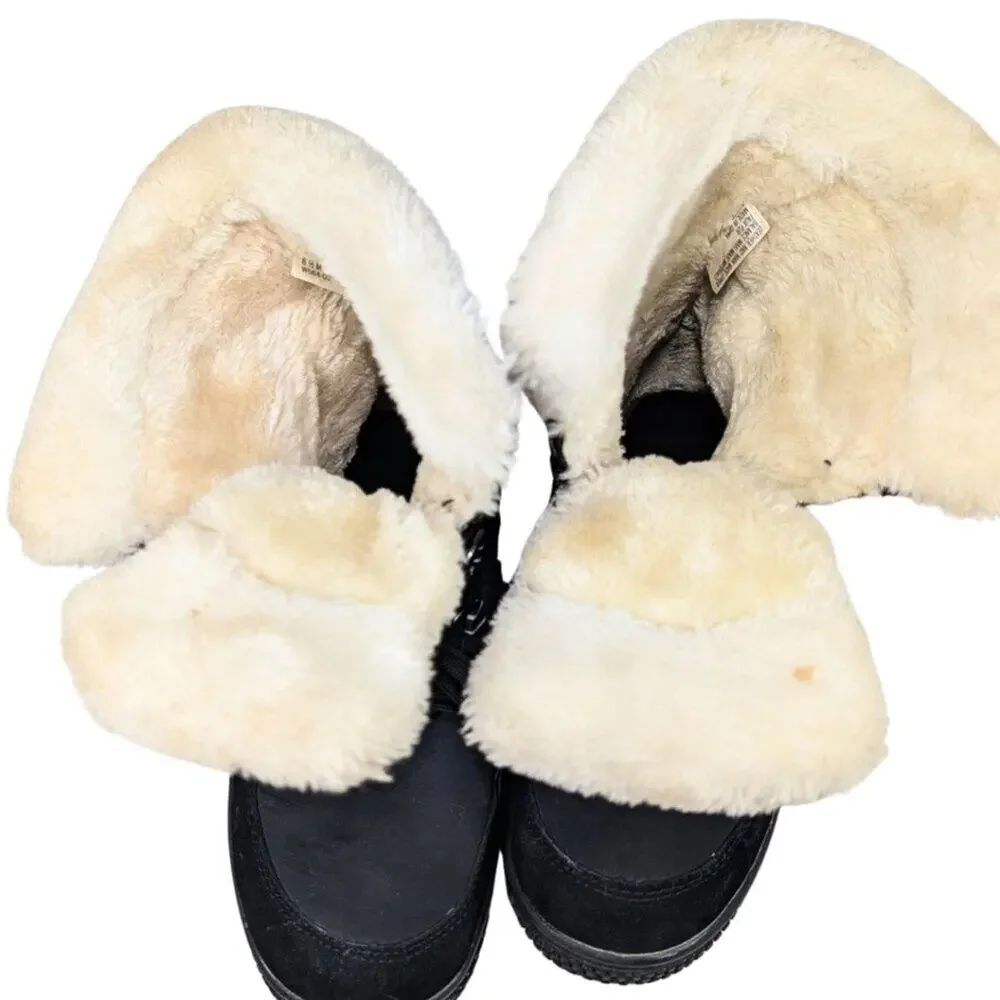 Khombu 8.5 Florence Black Leather Nylon Faux Fur Lined Winter Snow Boots
